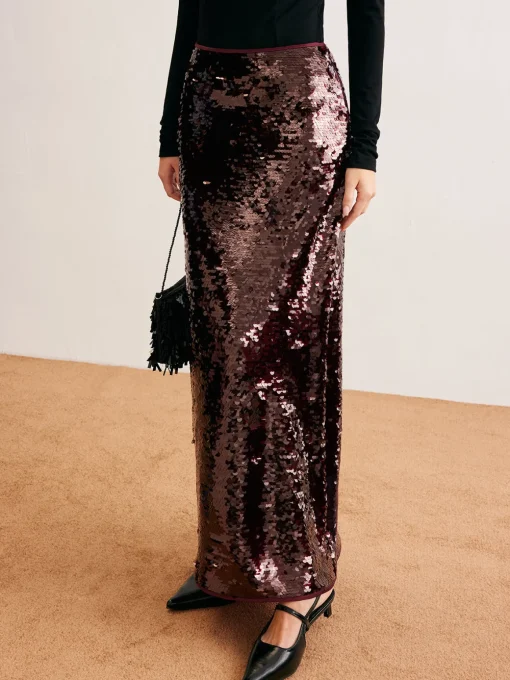COMMENSE Skirts|Bottoms^Romance Sequins Maxi Skirt Burgundy