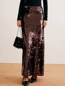 COMMENSE Skirts|Bottoms^Romance Sequins Maxi Skirt Burgundy