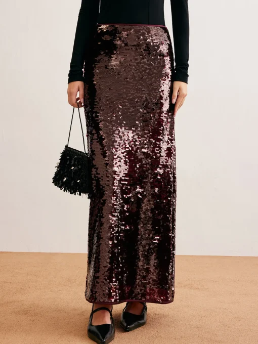 COMMENSE Skirts|Bottoms^Romance Sequins Maxi Skirt Burgundy