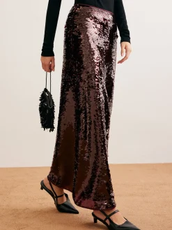 COMMENSE Skirts|Bottoms^Romance Sequins Maxi Skirt Burgundy