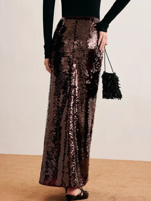 COMMENSE Skirts|Bottoms^Romance Sequins Maxi Skirt Burgundy