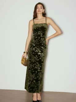 COMMENSE Cocktail & Party Dresses|Long Dresses^Rose Dark Pattern Velvet Cami Dress Green