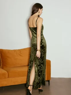 COMMENSE Cocktail & Party Dresses|Long Dresses^Rose Dark Pattern Velvet Cami Dress Green