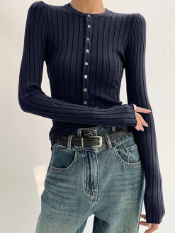 COMMENSE Knitwear|Tops^Round Neck Button Skinny Knit Top Navy