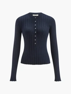 COMMENSE Knitwear|Tops^Round Neck Button Skinny Knit Top Navy
