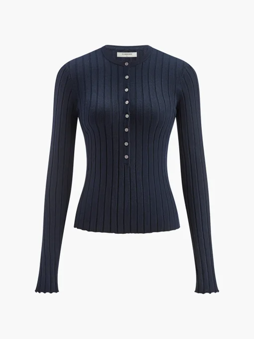 COMMENSE Knitwear|Tops^Round Neck Button Skinny Knit Top Navy