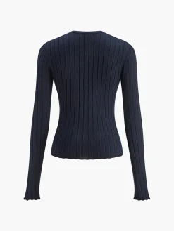 COMMENSE Knitwear|Tops^Round Neck Button Skinny Knit Top Navy