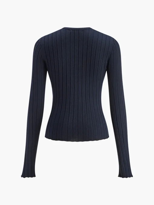 COMMENSE Knitwear|Tops^Round Neck Button Skinny Knit Top Navy