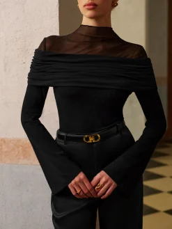 COMMENSE Tops^Ruched Mesh Panel Jersey Top Black