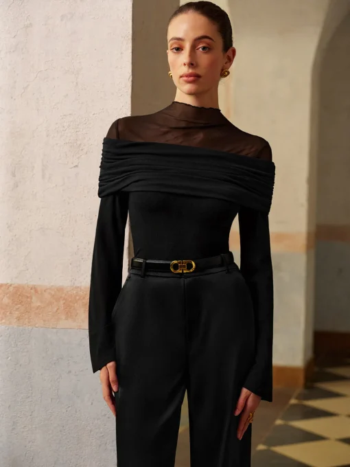 COMMENSE Tops^Ruched Mesh Panel Jersey Top Black