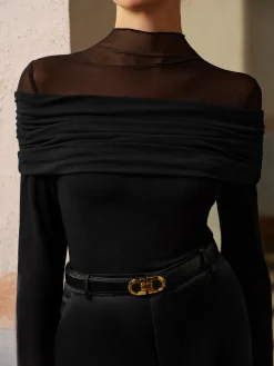 COMMENSE Tops^Ruched Mesh Panel Jersey Top Black