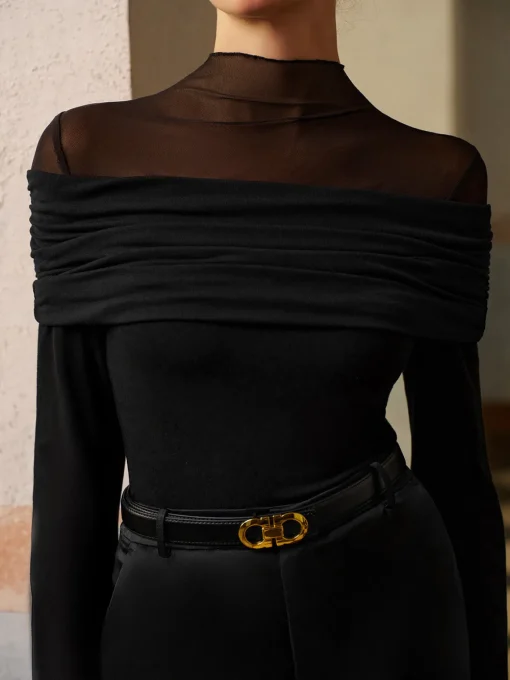 COMMENSE Tops^Ruched Mesh Panel Jersey Top Black