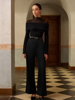 COMMENSE Tops^Ruched Mesh Panel Jersey Top Black