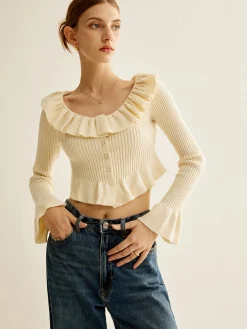 COMMENSE Sweater Tops|Sweaters & Cardigans^Ruffle Button Knit Top Off-White
