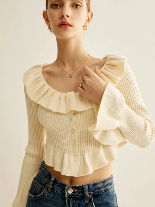 COMMENSE Sweater Tops|Sweaters & Cardigans^Ruffle Button Knit Top Off-White