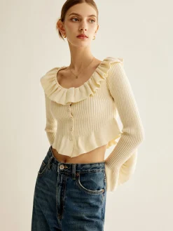 COMMENSE Sweater Tops|Sweaters & Cardigans^Ruffle Button Knit Top Off-White