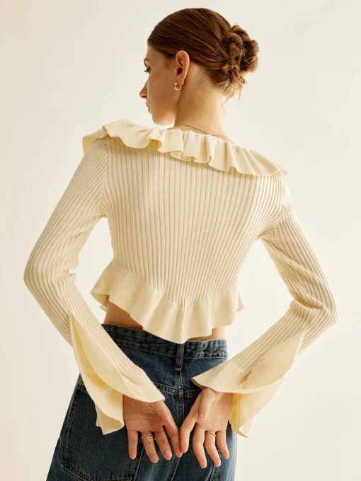 COMMENSE Sweater Tops|Sweaters & Cardigans^Ruffle Button Knit Top Off-White