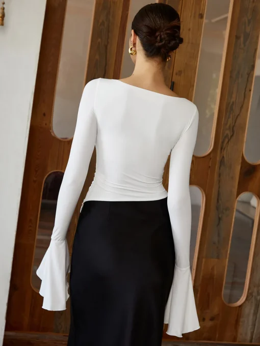 COMMENSE T-shirts^Ruffle Pleated Long Sleeve T-Shirt White