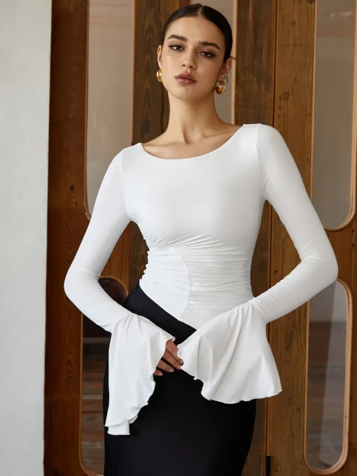 COMMENSE T-shirts^Ruffle Pleated Long Sleeve T-Shirt White