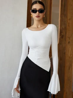 COMMENSE T-shirts^Ruffle Pleated Long Sleeve T-Shirt White