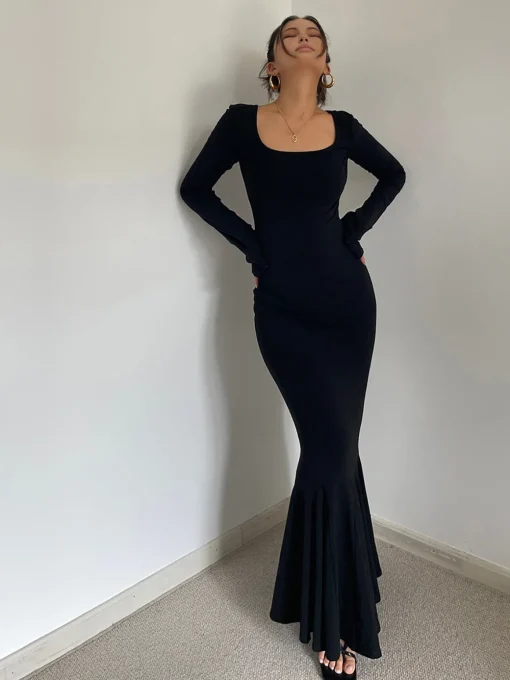 COMMENSE Black Dresses|Casual Dresses^Ruffle Slim Knit Long Dress Black