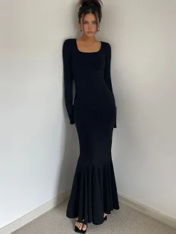 COMMENSE Black Dresses|Casual Dresses^Ruffle Slim Knit Long Dress Black