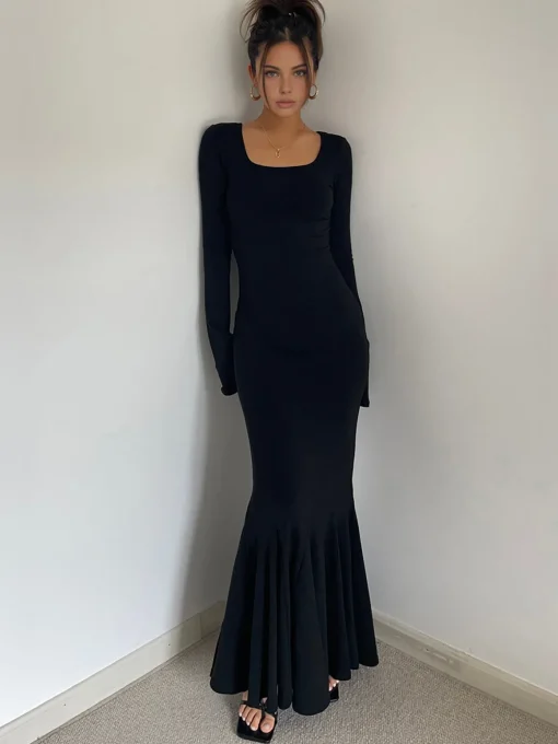 COMMENSE Black Dresses|Casual Dresses^Ruffle Slim Knit Long Dress Black