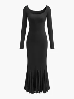 COMMENSE Black Dresses|Casual Dresses^Ruffle Slim Knit Long Dress Black