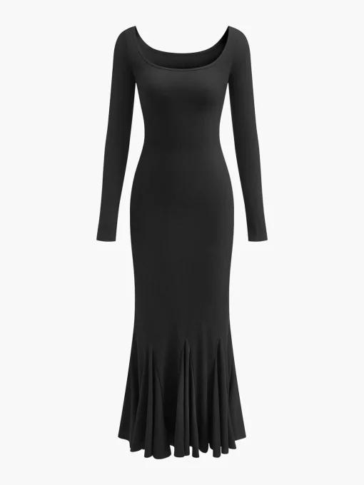 COMMENSE Black Dresses|Casual Dresses^Ruffle Slim Knit Long Dress Black