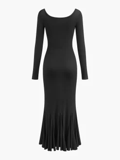 COMMENSE Black Dresses|Casual Dresses^Ruffle Slim Knit Long Dress Black