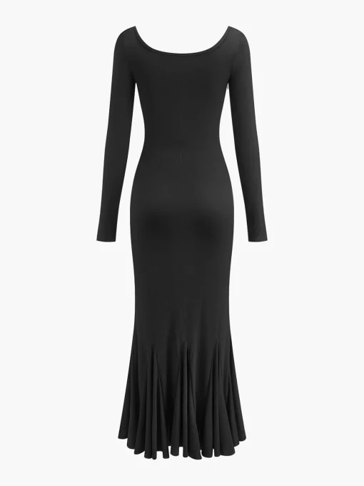 COMMENSE Black Dresses|Casual Dresses^Ruffle Slim Knit Long Dress Black