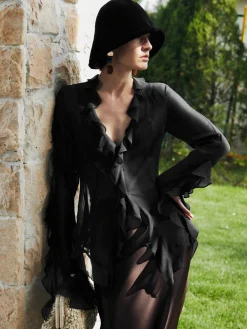 COMMENSE Blouses & Shirts|Tops^Ruffle Split Thin Shirt Black
