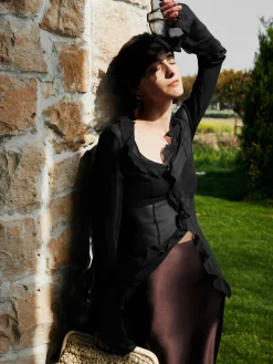 COMMENSE Blouses & Shirts|Tops^Ruffle Split Thin Shirt Black