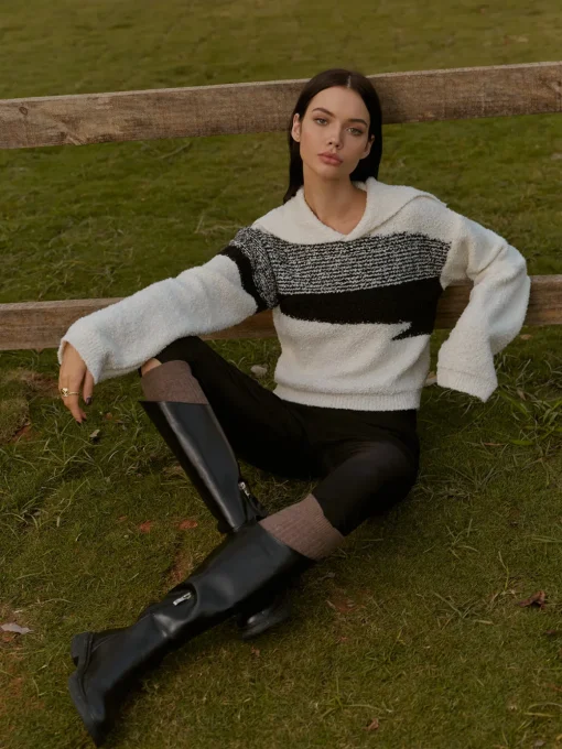 COMMENSE Knitwear|Tops^Sailor-Collar Color Block Short Sweater BlackandWhite