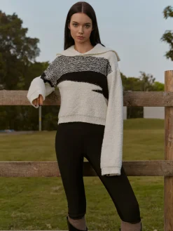 COMMENSE Knitwear|Tops^Sailor-Collar Color Block Short Sweater BlackandWhite
