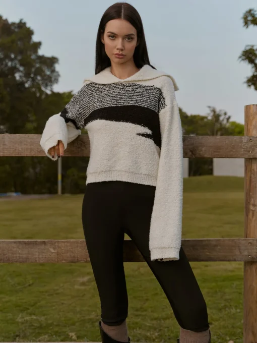 COMMENSE Knitwear|Tops^Sailor-Collar Color Block Short Sweater BlackandWhite