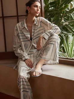 COMMENSE Pants Sets|Matching Sets^Satin Cactus Print Pants Set Beige