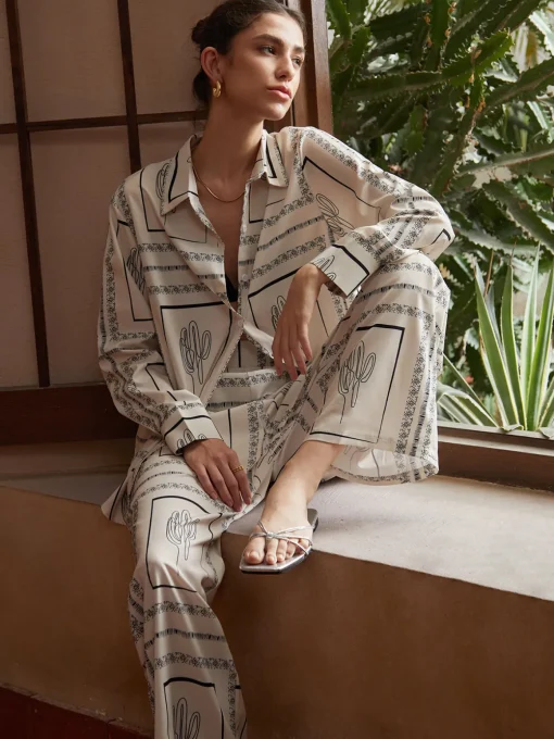 COMMENSE Pants Sets|Matching Sets^Satin Cactus Print Pants Set Beige