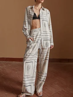 COMMENSE Pants Sets|Matching Sets^Satin Cactus Print Pants Set Beige