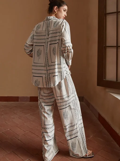 COMMENSE Pants Sets|Matching Sets^Satin Cactus Print Pants Set Beige