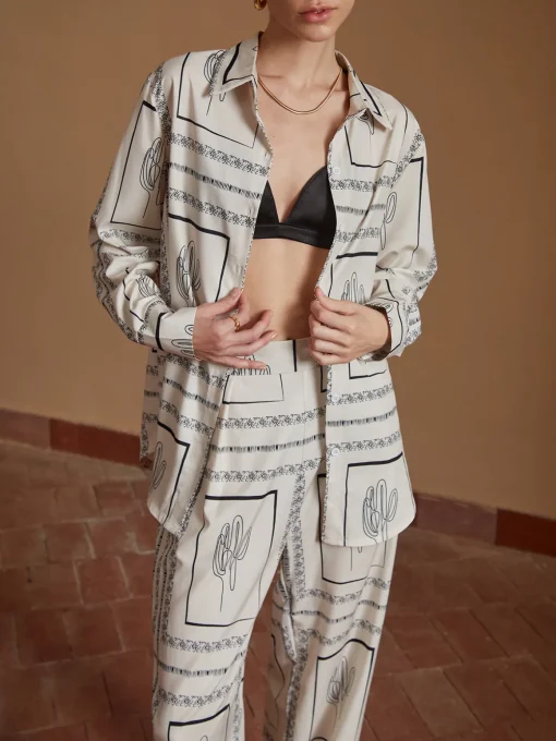COMMENSE Pants Sets|Matching Sets^Satin Cactus Print Pants Set Beige