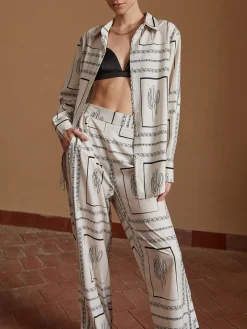 COMMENSE Pants Sets|Matching Sets^Satin Cactus Print Pants Set Beige