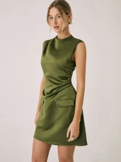 COMMENSE Casual Dresses|Work Dresses^Satin Crew Neck Short Dress Green