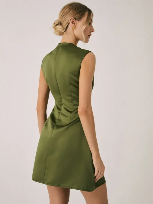 COMMENSE Casual Dresses|Work Dresses^Satin Crew Neck Short Dress Green