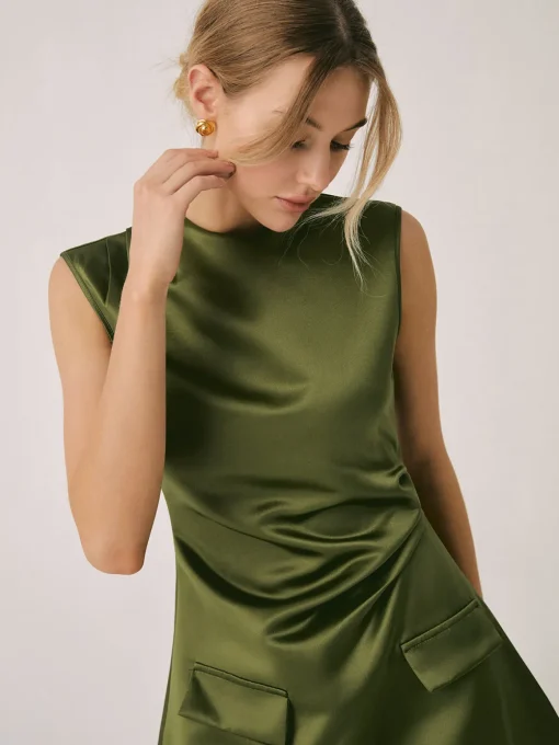 COMMENSE Casual Dresses|Work Dresses^Satin Crew Neck Short Dress Green