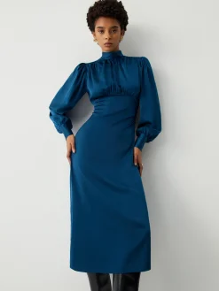 COMMENSE Casual Dresses|Work Dresses^Satin Mock Neck Tie Back Long Sleeve Midi Dress Blue