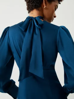 COMMENSE Casual Dresses|Work Dresses^Satin Mock Neck Tie Back Long Sleeve Midi Dress Blue