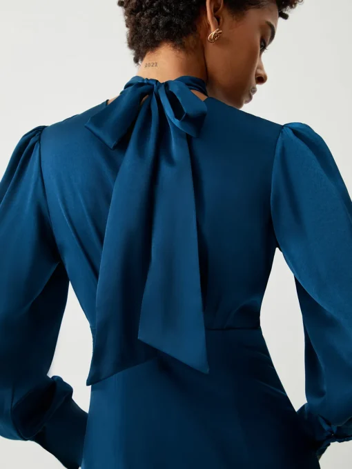 COMMENSE Casual Dresses|Work Dresses^Satin Mock Neck Tie Back Long Sleeve Midi Dress Blue