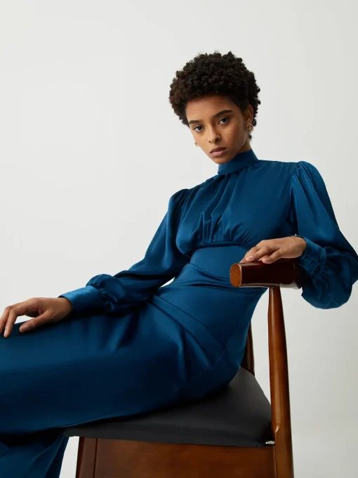 COMMENSE Casual Dresses|Work Dresses^Satin Mock Neck Tie Back Long Sleeve Midi Dress Blue