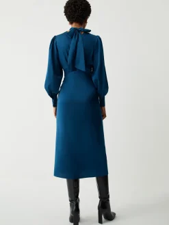 COMMENSE Casual Dresses|Work Dresses^Satin Mock Neck Tie Back Long Sleeve Midi Dress Blue